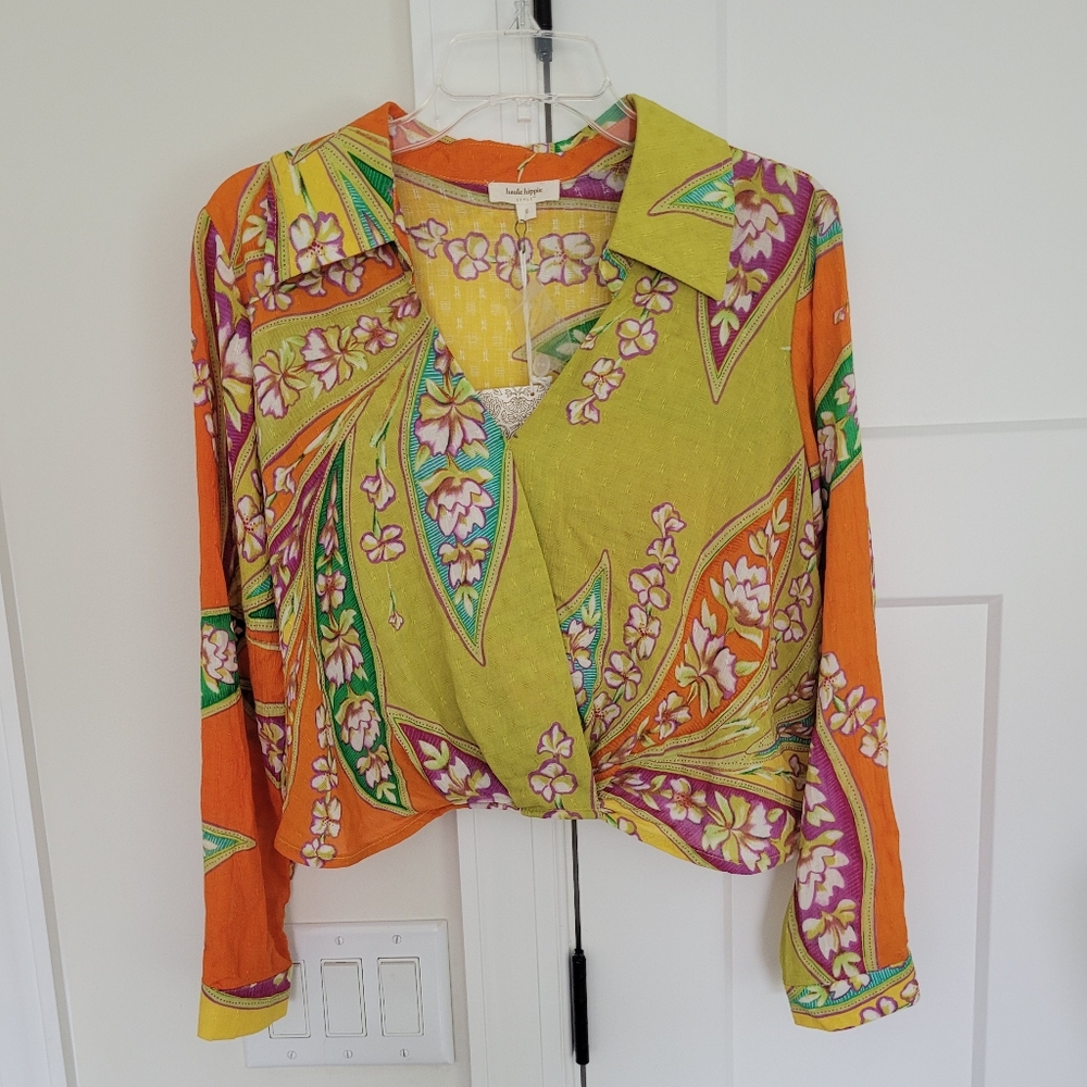 Haute Hippie Blouse Boho Green Orange Floral Long Sleeve Surplice Collar… - Picture 6 of 11